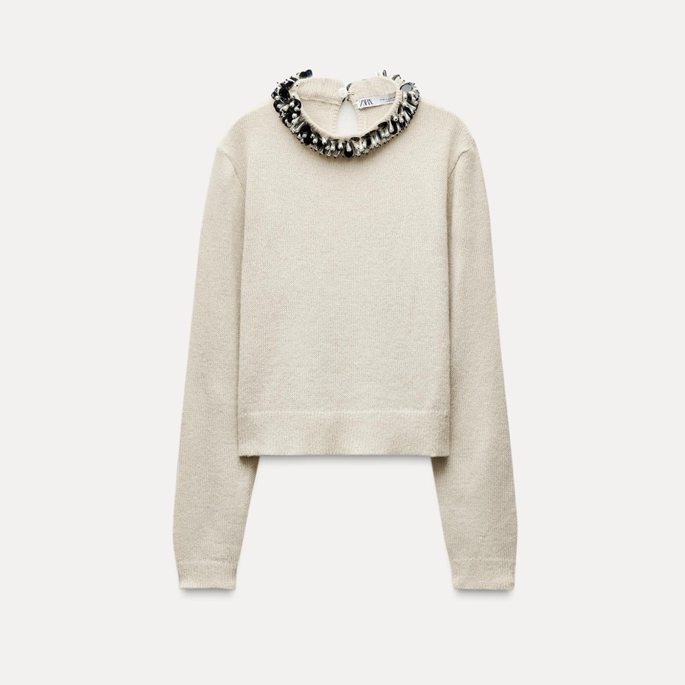 NWT Zara Beaded Collar Cropped Sweater in Cream Size Small alpaca wool